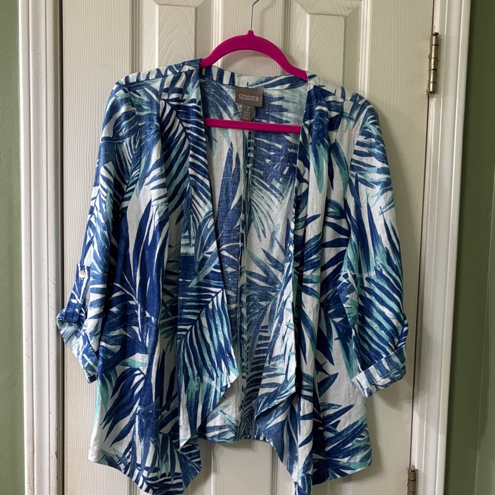 Chico's Blue and Green Leaf Pattern Cardigan